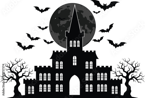 Scary haunted castle silhouette with flying bats, full moon and dead trees perfect for spooky Halloween night vector decoration themes.