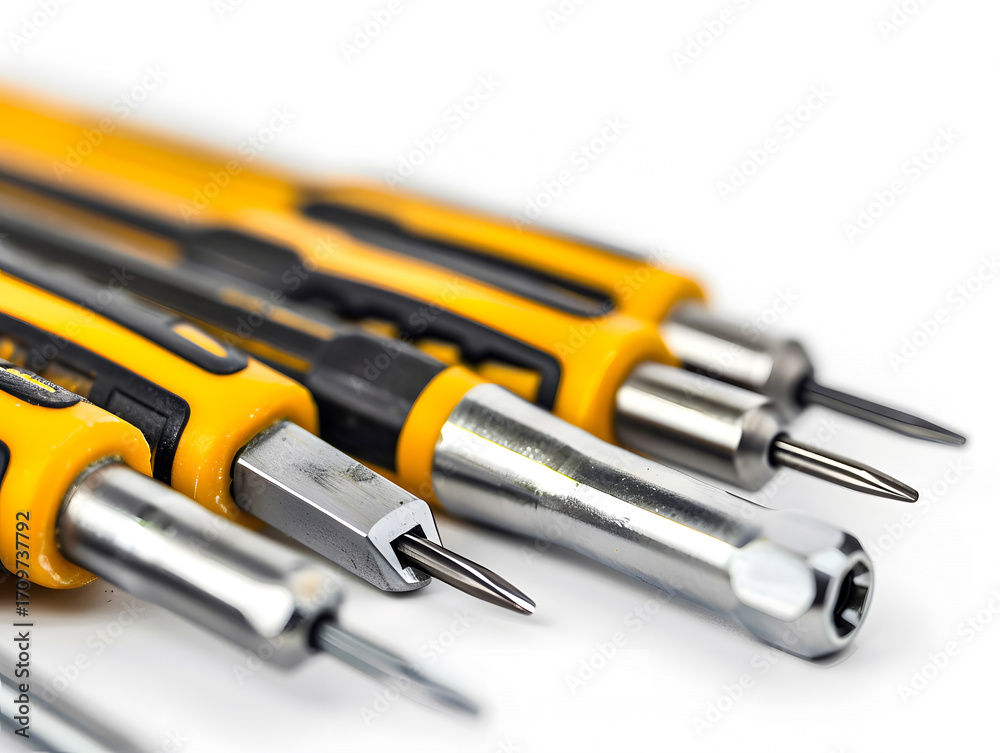 Fototapeta premium closeup of yellow and black screwdrivers with metal tips