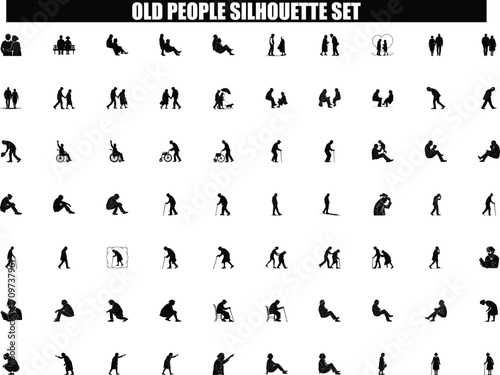 Collection of diverse elderly people silhouettes engaging in various activities and poses representing senior life and aging vector