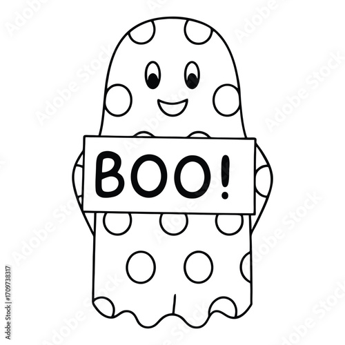 Friendly polka dot ghost holding a boo sign for halloween vector illustration