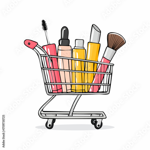 Shopping trolley full of facial serum, hair pin, lipsticks and other hair and skin cosmetic products. Beauty and fashion doodle concept. Vector illustration