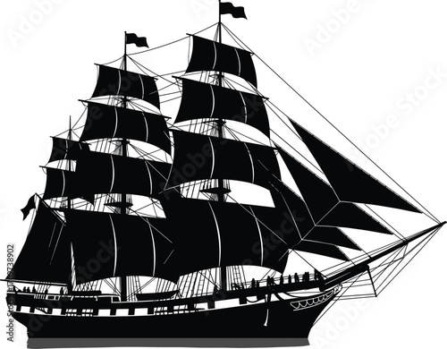 Historic sailing ship silhouette, vintage tall ship with sails, maritime clipper illustration, naval warship vector, ocean exploration, nautical transport art