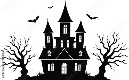 Scary haunted house silhouette with spooky bats, creepy bare trees, gothic castle design, dark horror night Halloween illustration for vector artwork