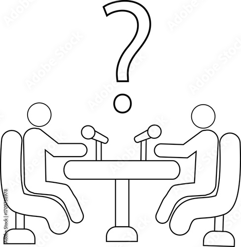 icon of two people on a podcast and a question mark icon with a white background
