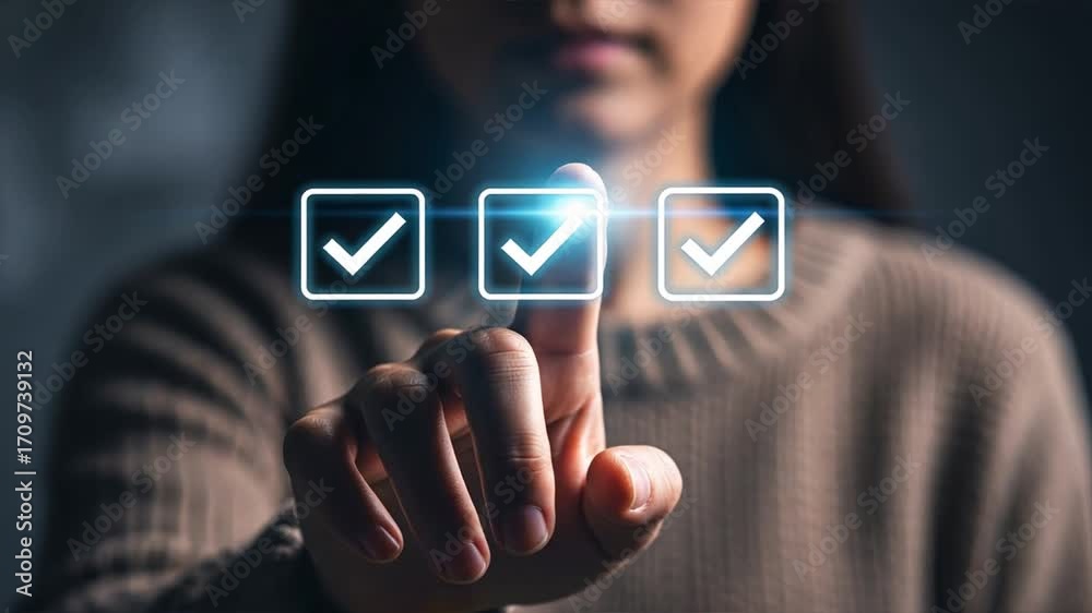 Woman hand touching glowing icons with floating checkmarks on dark background showing path from completed boxes to empty circle