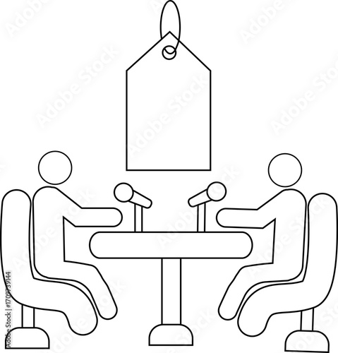 icon of two people on a podcast and a price tag icon with a white background