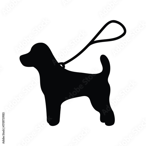 Simple silhouette of a dog on a leash standing still in black