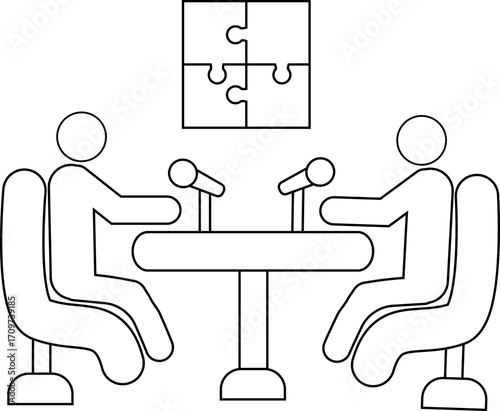 icon of two people on a podcast and puzzle icon with a white background