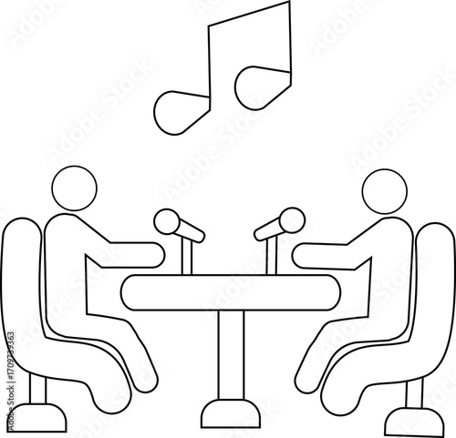 icon of two people on a podcast and icon of musical notes with a white background