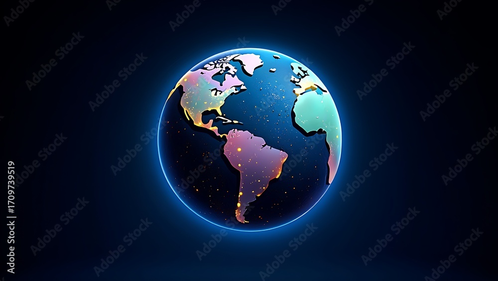 Fototapeta premium Glowing earth globe with continents illuminated against a dark background