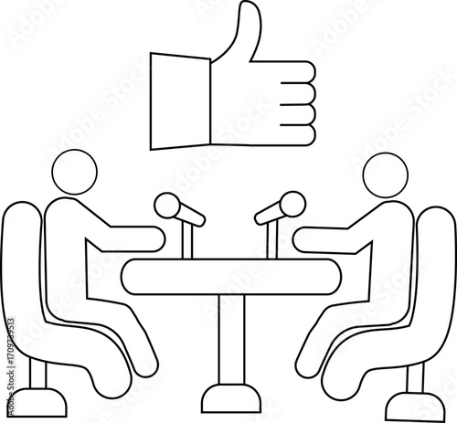 icon of two people on a podcast and a like icon with a white background