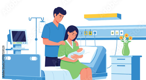 Adobe illustrator artwork vector illustration. A joyful mother holds her newborn baby after a C-section, with her partner standing beside her in a hospital room