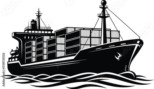 Cargo ship vector illustration, container vessel on ocean waves, maritime transport, global shipping logistics, black and white silhouette, commercial freight design