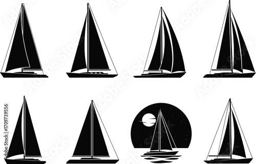 Sailboat vector set, nautical silhouettes, black and white sailing icons, maritime vessel illustrations, yacht designs, ocean transport graphics, sea adventure elements