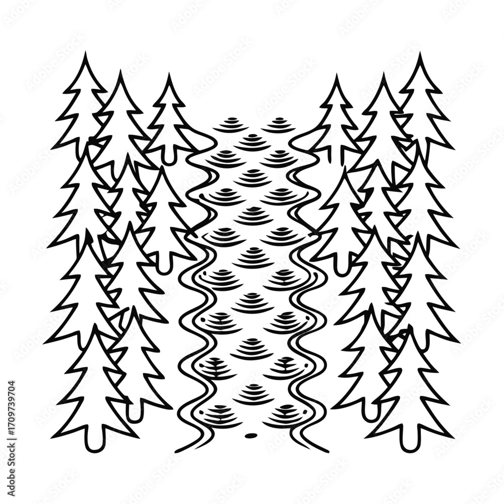 Obraz premium Artistic vector illustration of a winding stream through a pine forest nature scene