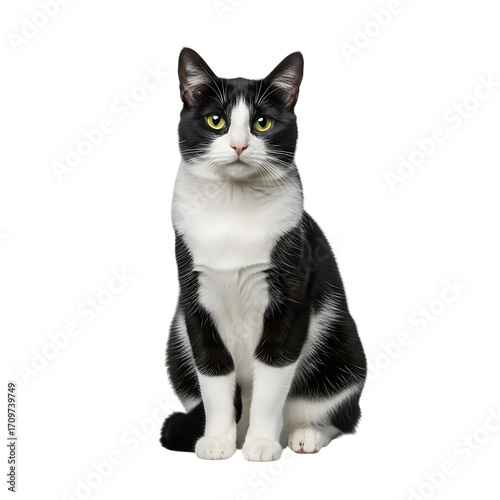 Black and white cat sitting and looking forward isolated on transparent background