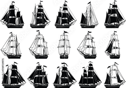 Vintage sailing ship silhouettes, nautical vessel vector set, maritime clipart collection, historic tall ships, black and white illustration for stock content