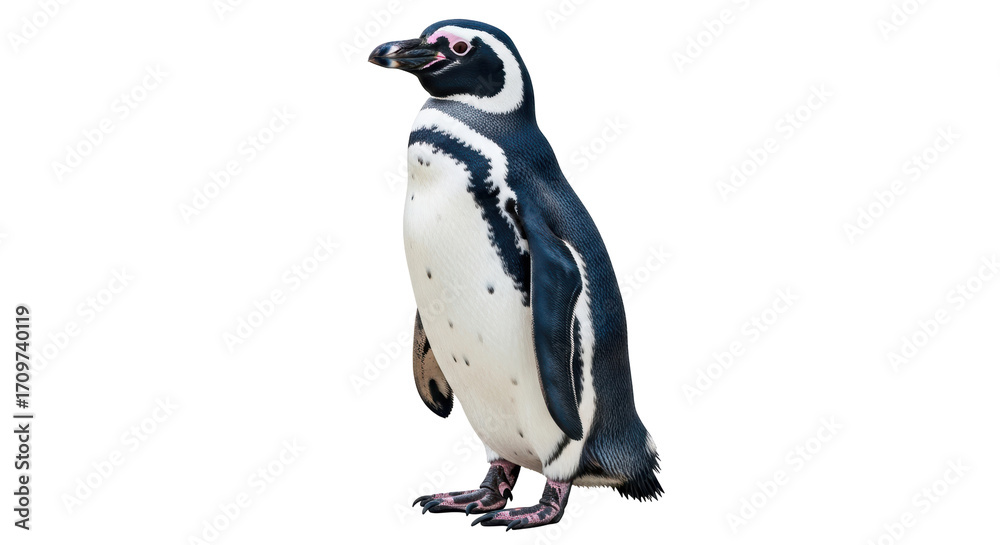 Obraz premium Isolated Magellanic penguin standing upright, side view, with detailed plumage and markings
