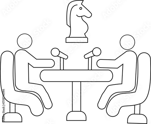 icon of two people on a podcast and a chess horse icon with a white background