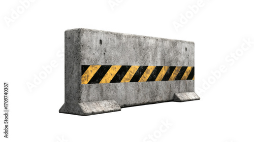 A concrete barrier with yellow and black stripes on a black background in a studio shot view