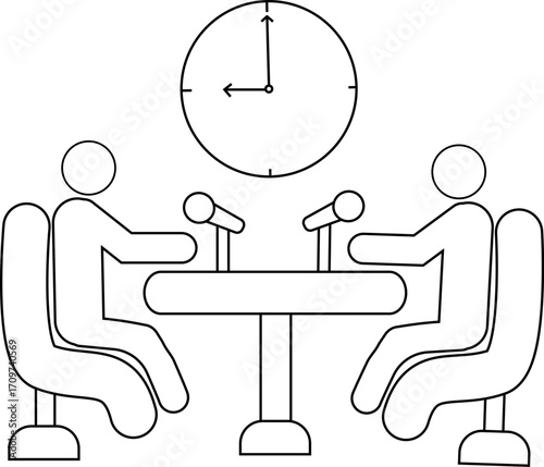 icon of two people on a podcast and a wall clock icon with a white background