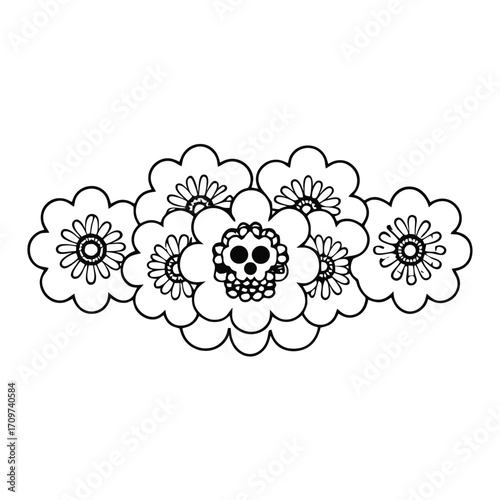 Ornate sugar skull integrated into vibrant flowers vector illustration scalable eps