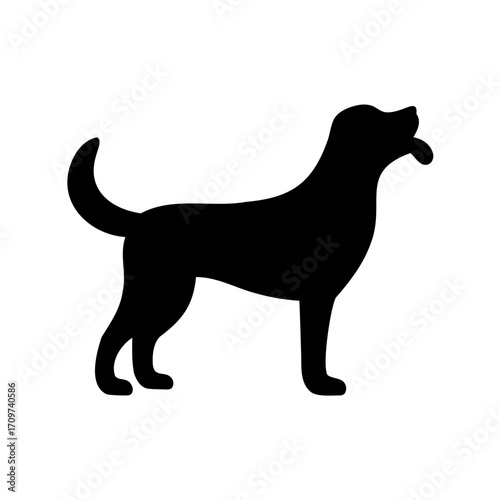 Stylized black silhouette of a dog standing with its tongue hanging out