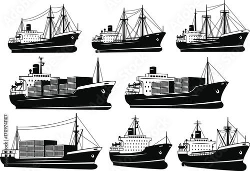 Cargo ship vector set, vintage and modern container vessels, maritime transport icons, silhouette illustration for shipping, logistics, freight, and export themes
