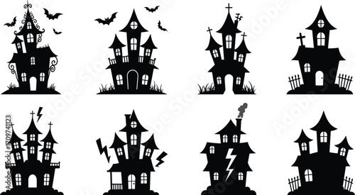 Set of eight spooky haunted house silhouettes with bats, lightning, fences, and smoke, perfect for Halloween vector illustration collection
