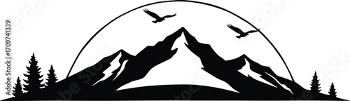 Mountain Silhouette with Pine Trees and Flying Bird Vector Illustration
