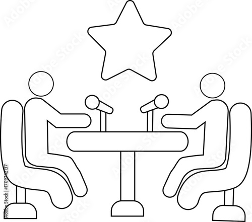 icon of two people on a podcast and a star icon with a white background