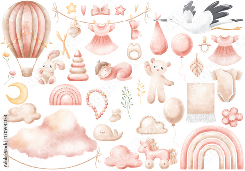 Baby watercolor illustration stork newborn girl isolated. Collection of hand drawn baloon, toys, clothes.