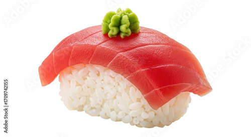 Isolated close-up of tuna nigiri sushi topped with wasabi, fresh seafood and rice dish