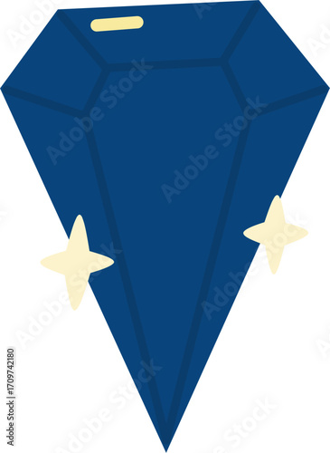 A simple flat illustration of a deep blue faceted gemstone with sparkles.
