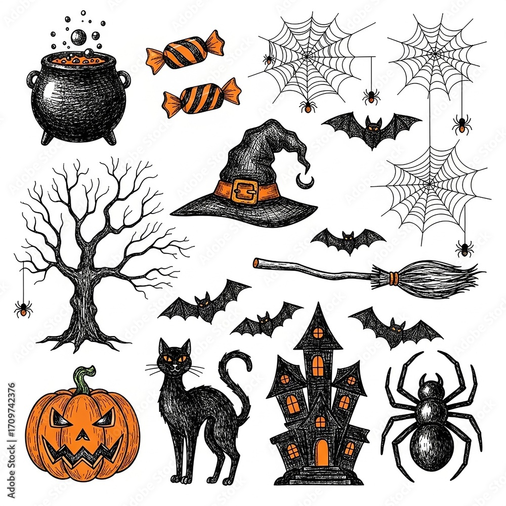 Obraz premium A collection of hand-drawn Halloween-themed doodle or sketch illustrations