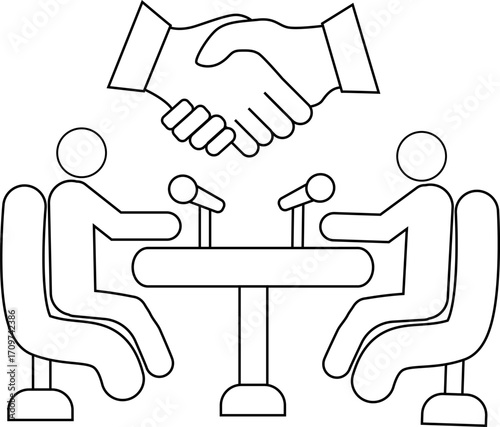 icon of two people doing a podcast and icon of shaking hands with a white background