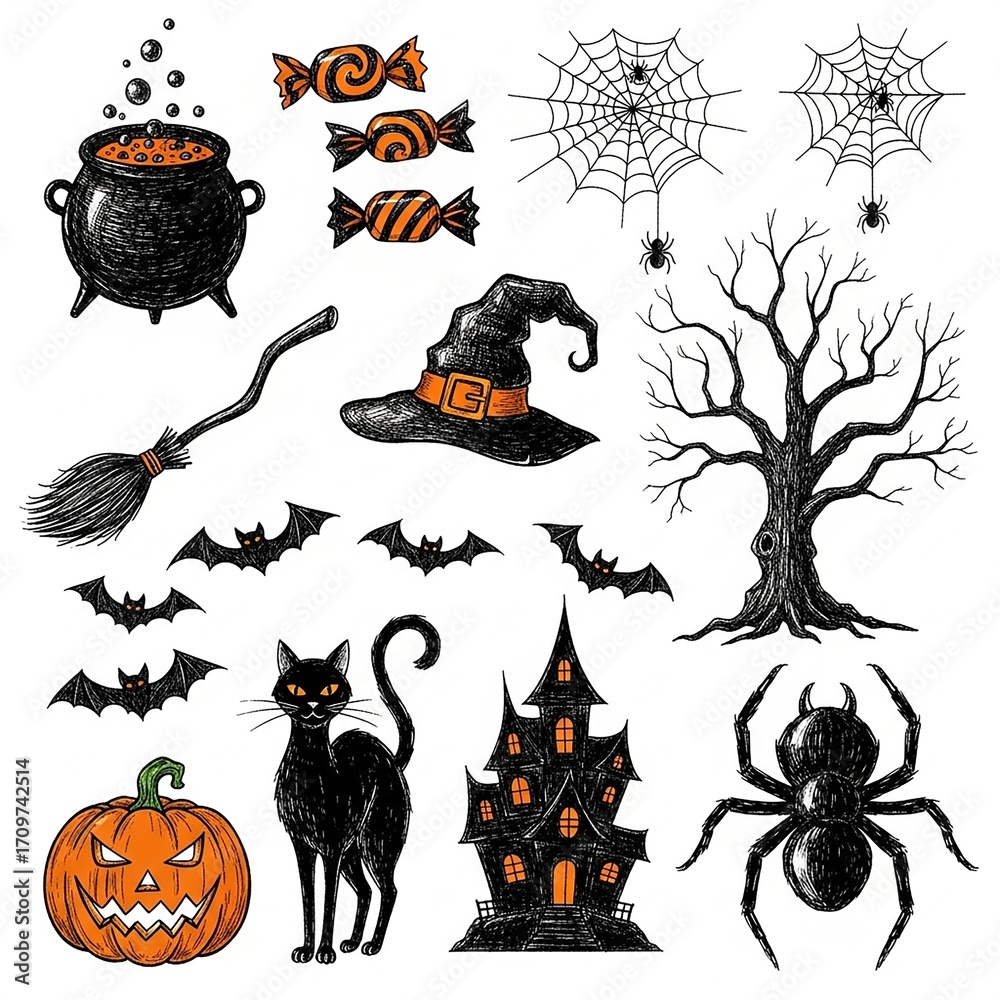 Fototapeta premium A collection of hand-drawn Halloween-themed doodle or sketch illustrations