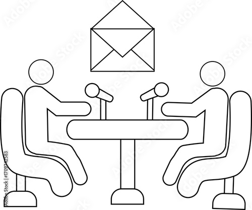 icon of two people on a podcast and an open envelope icon with a white background