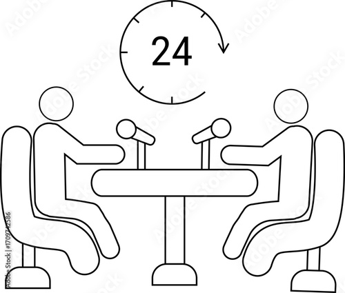 icon of two people on a podcast and 24 hour icon with a white background
