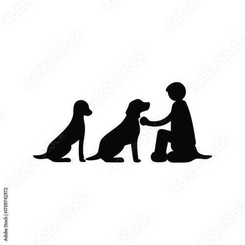 Silhouette of a Person with Two Dogs Sitting Calmly Together