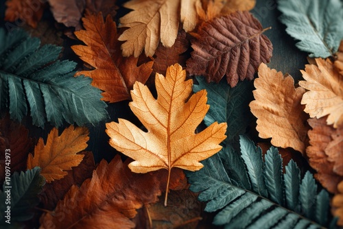 Autumn leaves in various colors scattered on dark wooden surface close-up. Concept of seasonal change and nature's beauty