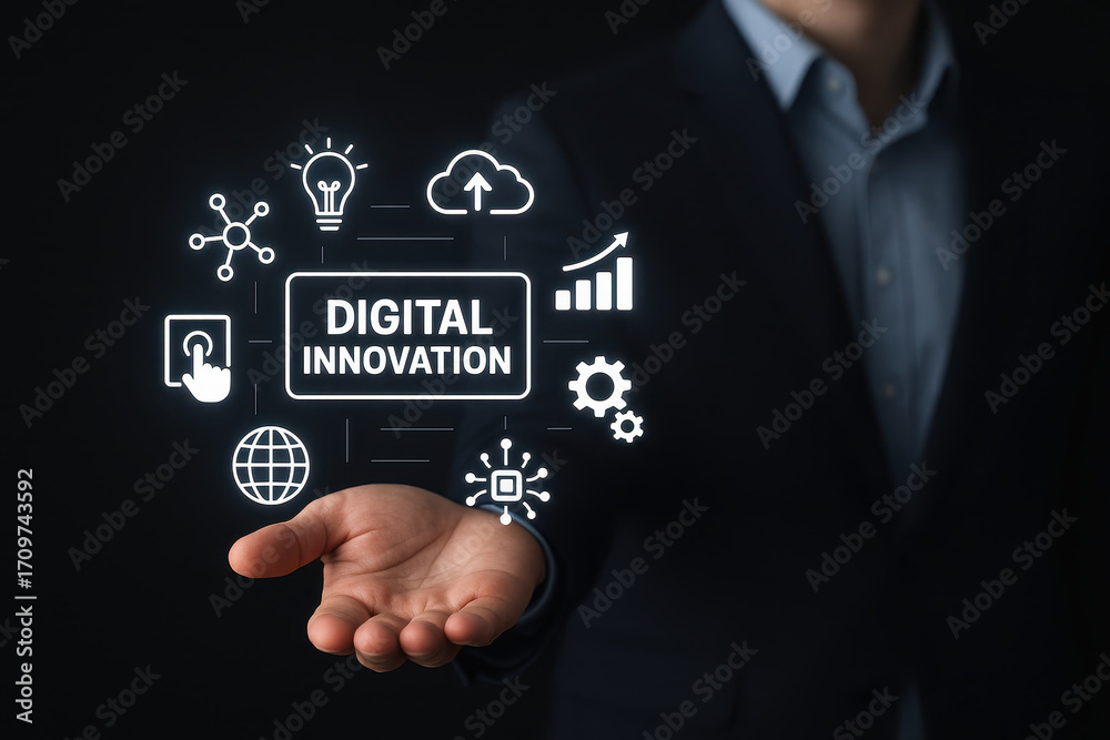 Naklejka premium Digital innovation business concept with technology icons, professional suit, and glowing elements representing growth, creativity, and modern solutions for success in digital world