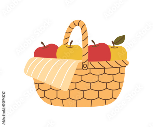 Wicker basket with food apple. Autumn harvest festival design element for greeting card and party invitation. Vector illustration