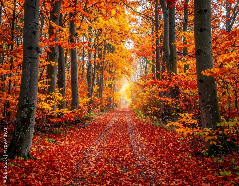 Fototapeta premium Autumn Forest Path Covered with Oranges and Red Leaves