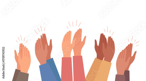 Hands clap, applause and appreciate multicultural group of people. Congratulations, support, thanksgiving, feedback. Vector