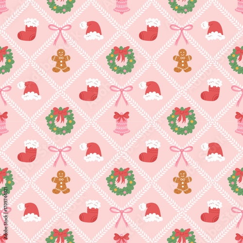 Christmas cute seamless pattern with bows, wreath, red socks, gingerbread, bell, Santa hat. Xmas print. Preppy modern background. Vintage damask holiday design for fabric, wallpaper or wrapping paper.