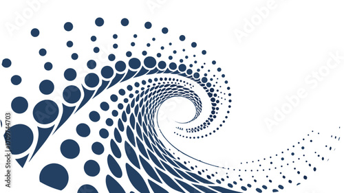 Abstract swirling vortex of dark blue dots and ovals forming a wave pattern spiral
