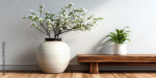 White blossoms in vase, plant on bench, light room