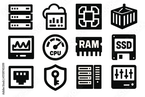 Data management silhouette icons set. featuring database, analytics, cpu, ram, ssd, network, and security symbols
