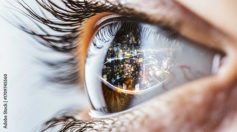 Fototapeta premium Closeup of human eye reflecting vibrant night city view, conceptual background